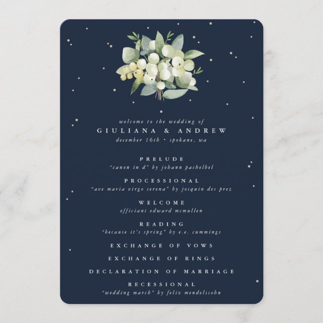 Elegante Navy Snowberry+Eucalyptus Winter Wedding Programm (Vorderseite)