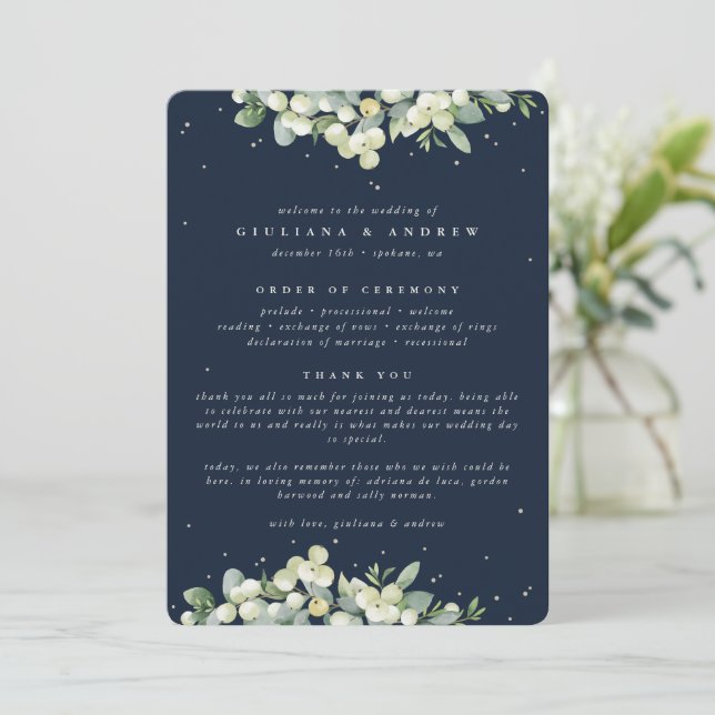 Elegante Navy Snowberry+Eucalyptus Winter Wedding Programm (Stehend Vorderseite)