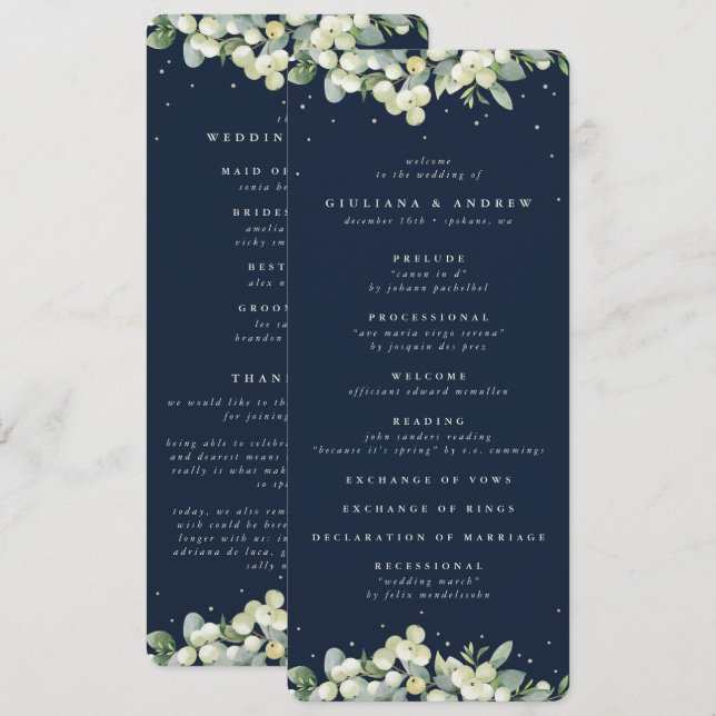 Elegante Navy Snowberry+Eucalyptus Winter Wedding Programm (Vorne/Hinten)