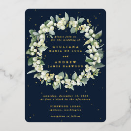 Elegante Navy Snowberry+Eucalyptus Wreath Wedding Folieneinladung