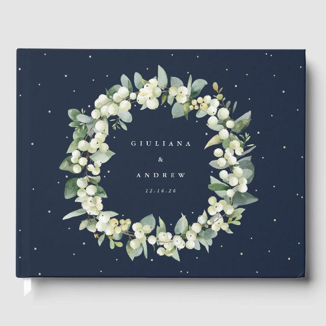 Elegante Navy Snowberry+Eucalyptus Wreath Wedding Gästebuch (Vorderseite)