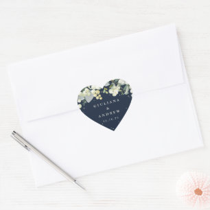 Elegante Navy Snowberry+Eucalyptus Wreath Wedding Herz-Aufkleber