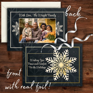 Elégante Navy Snowflake Photo Foil Carte de vacanc