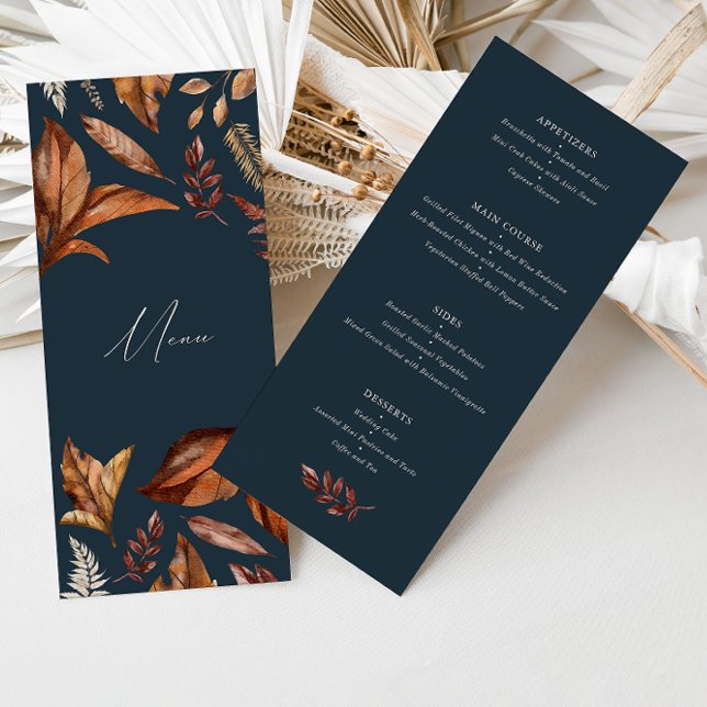 Elegante Navy & Terracotta-Blume Hochzeiten Menükarte (Von Creator hochgeladen)