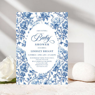 Elegante Navy-Toile-de-Jouy-Rosen-Baby-Shower-Einl Einladung