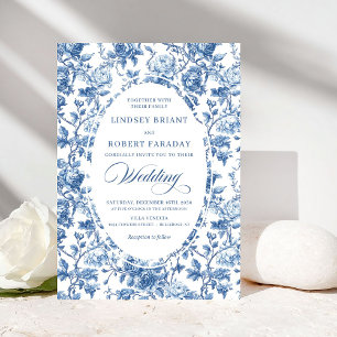 Elegante Navy Toile de Jouy Rosen Hochzeit  Einladung