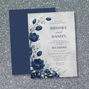 Elegante Navy-Tulpe-Silber-Halbmond-Stoff-Hochzeit Einladung