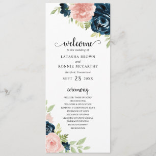 Elegante Navy- und Blassrosa-Hochzeit mit Blumen Programm