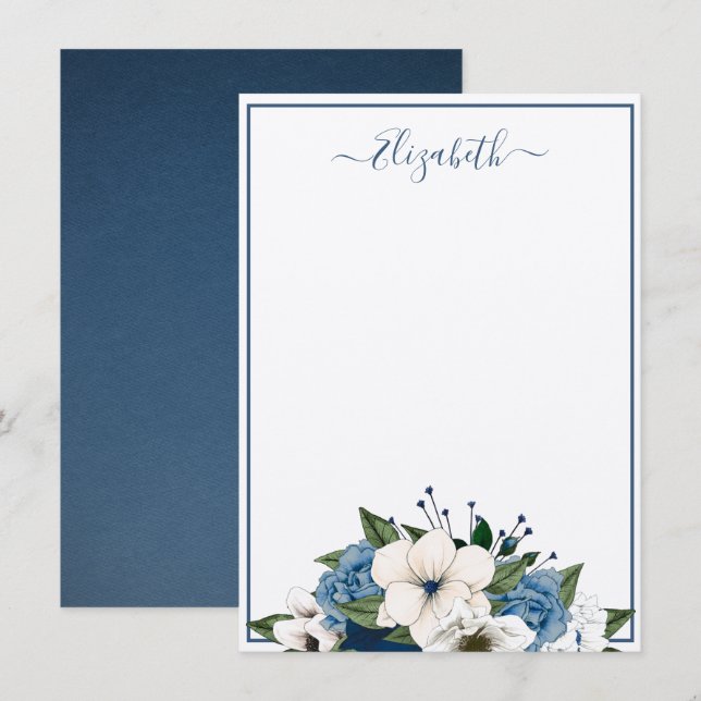Elegante Navy und Dusty Blue Floral Personalisiert Mitteilungskarte (Vorne/Hinten)