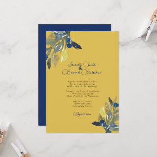 Elegante Navy- und Gold-Aquarell-Blätter-Hochzeit Einladung