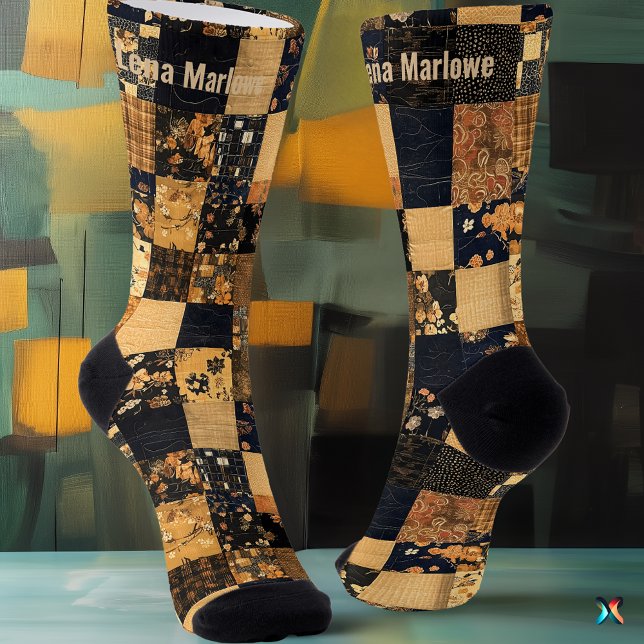 Elegante Navy- und Gold-Patchwork – Benutzerdefini Socken (Von Creator hochgeladen)