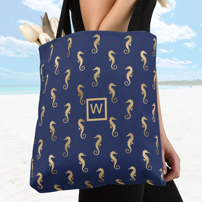 Elegante Navy- und Gold-Seepferde mit Initial Tasche (Von Creator hochgeladen)