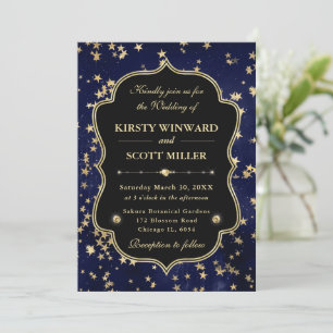 Elegante Navy- und Goldene Sternenhimmel-Hochzeit Einladung