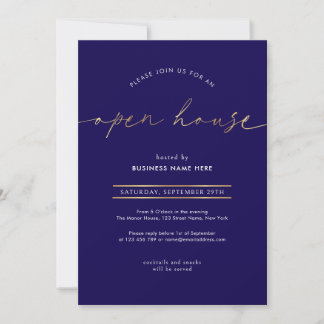 Elegante Navy- und Goldschrift Geschäftseröffnung Einladung