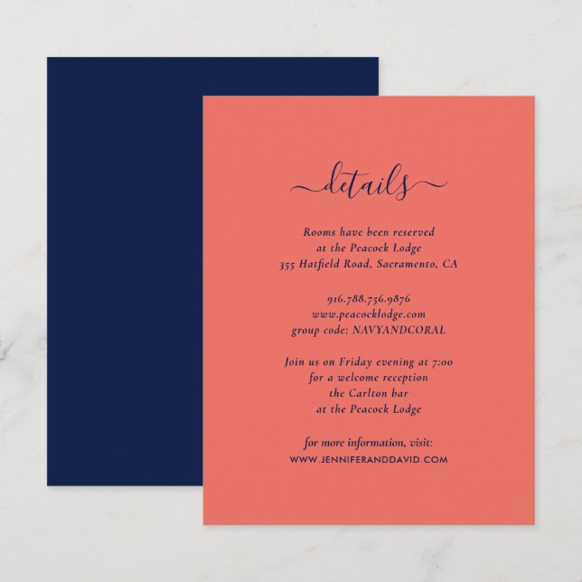 Elegante Navy- und KorallenGuest Information Cards Begleitkarte (Vorne/Hinten)