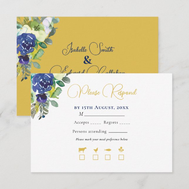 Elegante Navy Wasserfarbe Rose Gelbe Goldhochzeit RSVP Karte (Vorne/Hinten)