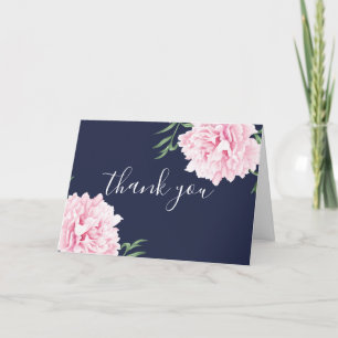 Elegante Navy Watercolor Pink Peony Dankeskarte