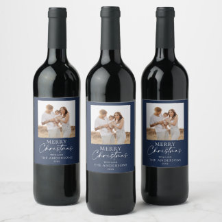 Elegante Navy-Weihnachtsfamilienfoto Weinetikett