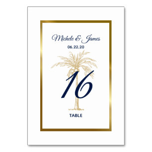 Elegante Navy-Weiß-Gold-Palmbaum-Moderne Hochzeit Tischnummer