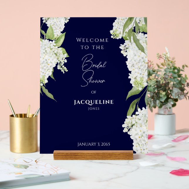 Elegante Navy White Hydrangeas Dusche Willkommen Acrylschild (Hochzeit)