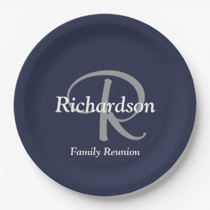 Elegante Navy White Silver Monogram Family Wieders Pappteller