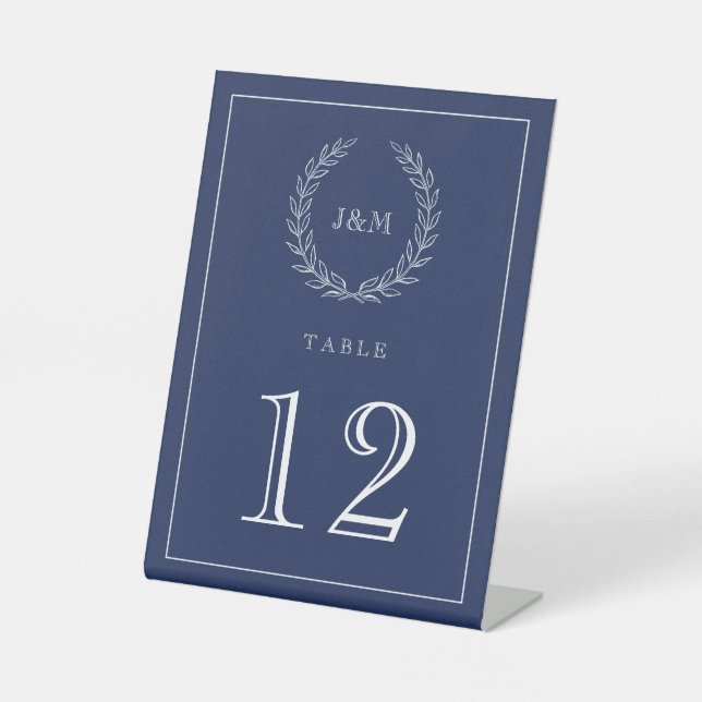 Elegante Navy White Simple Laurel Monogram Wedding Sockelschild (Vorderseite)