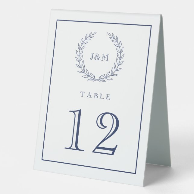 Elegante Navy White Simple Monogram Wedding Tischaufsteller (Vorderseite)
