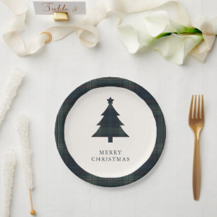 Elegante Navyblau- und Grünkarierte Weihnachtsbaum Pappteller
