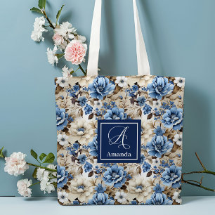 Elegante navyblaue Blumen personalisierte Tote Tasche
