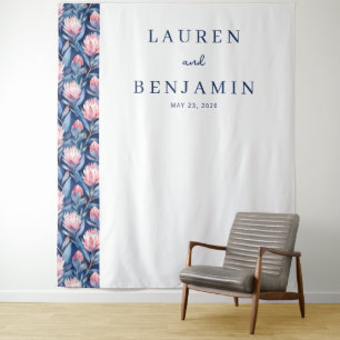Elegante navyblaue Blumenhochzeits-Einladung Wandteppich