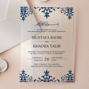 Elegante Navyblaue Damast-Hochzeit im islamischen Acryleinladungen