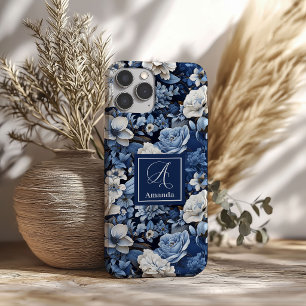 Elegante Navyblaue Elfenbeinfarbene Florale Luxus iPhone 16 Hülle