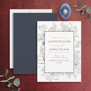 Elegante navyblaue florale Linienkunst-Hochzeit Einladung