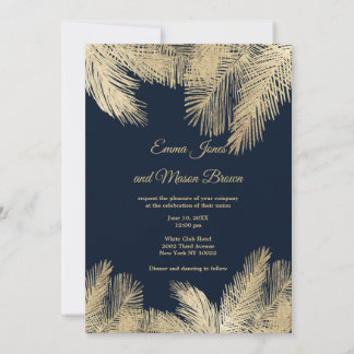 Elegante navyblaue goldene tropische Palmenhochzei Einladung