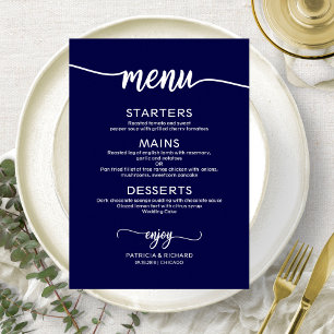Elegante Navyblaue Hochzeits-Speisekarte Menükarte