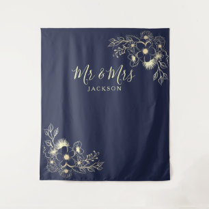 Elegante navyblaue Mr. & Mrs. Hochzeitskulisse Wandteppich