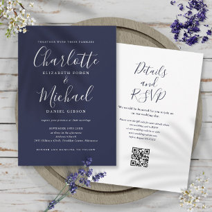 Elegante Navyblaue QR-Code-Hochzeitsschrift Einladung