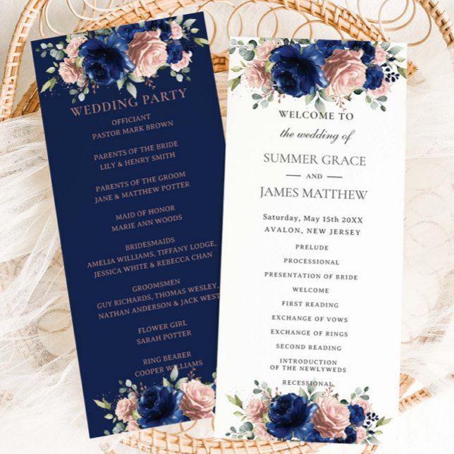 Elegante Navyblaue Roségoldene Florale Hochzeit Programm (Von Creator hochgeladen)