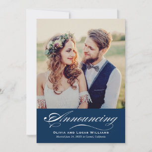 Elegante Navyblaue Schrift Hochzeitsfoto Hochzeit Ankündigung