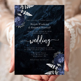 Elegante Navyblaue Silberne Florale Hochzeit Folieneinladung