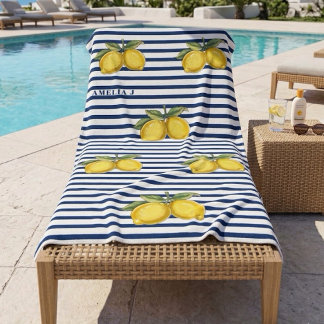 Elegante navyblaue Streifen und handgemalte Zitron Strandtuch
