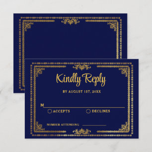 Elegante Navyblaue und goldene Deco-Hochzeits-RSVP RSVP Karte