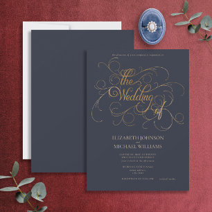 Elegante Navyblaue und goldene Schrift Hochzeit Einladung