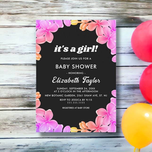 Elegante Neon Lights Rose Floral Girl Babydusche Einladung (Von Creator hochgeladen)