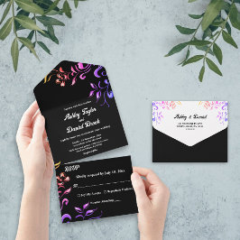 Elegante Neon Lights Rose Schwarze Flora Hochzeit All In One Einladung