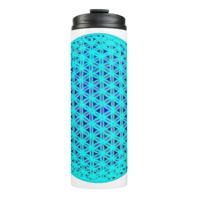 Elegante neonblaue aquamarine Blume des Lebens Thermosbecher (Vorderseite)