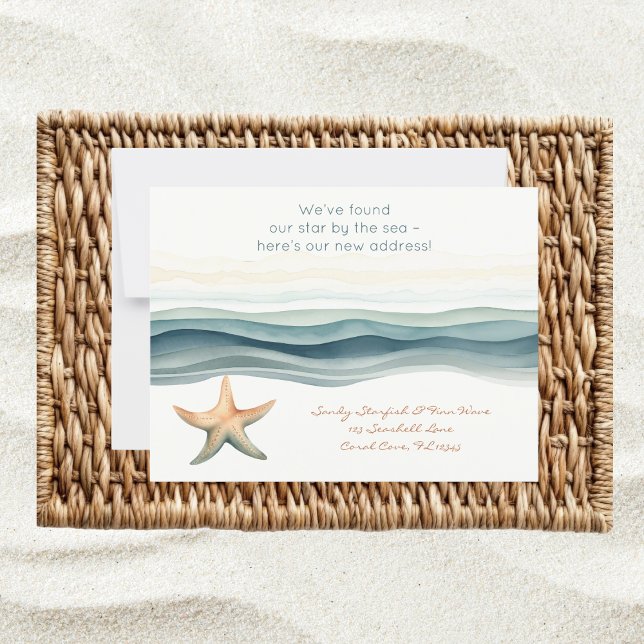 Elegante neue Adresse Postkarte (New address postcard with watercolor coastal sea star design – personalize with your details)