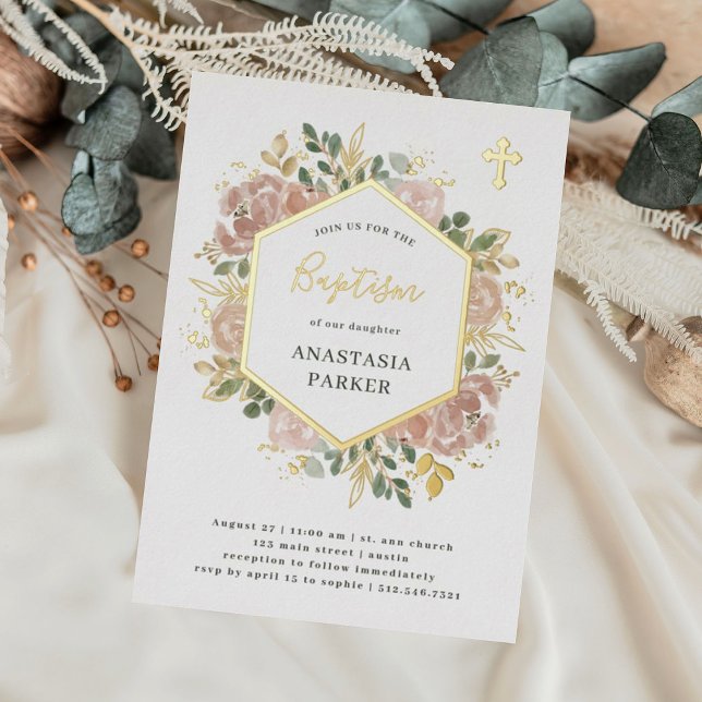 Elegante neutrale Aquarelltaufe | Gold Folieneinladung (Von Creator hochgeladen)