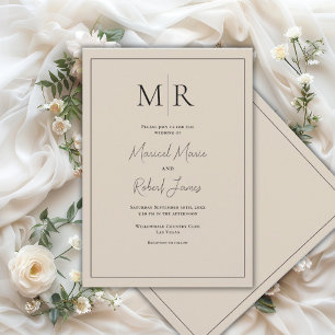 Elegante neutrale beige Monogramm-Moderne Hochzeit Einladung