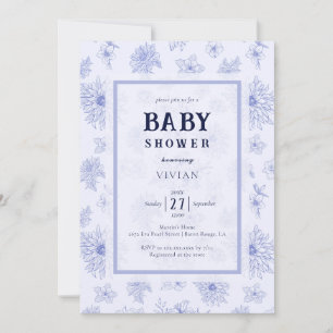 Elegante, neutrale blaue Blumenmuster Baby Dusche Einladung